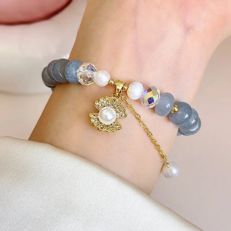 Natural aquamarine pearl shell healing bracelet for women handmade travel commemoration gift