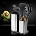 Stainless steel kitchen tool holder with detachable bottom showing knife storage and utensil bucket