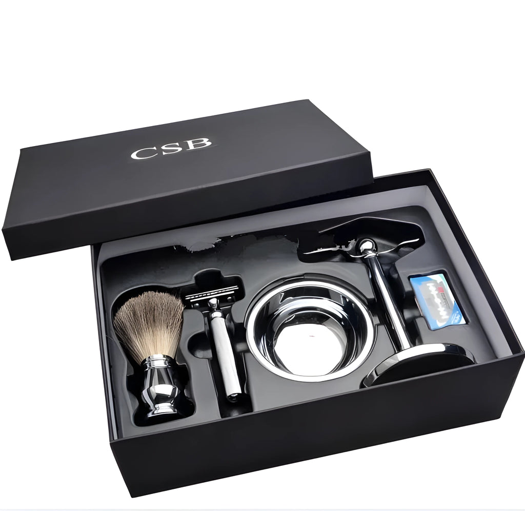 CSB men's shaving set with chrome safety razor, badger brush on stand, soap bowl, and blades in black box