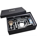 CSB men's shaving set with chrome safety razor, badger brush on stand, soap bowl, and blades in black box