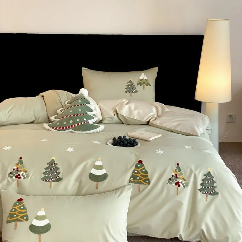 Cute Christmas tree and floral embroidered pure cotton four-piece bedding set in cream blue or green