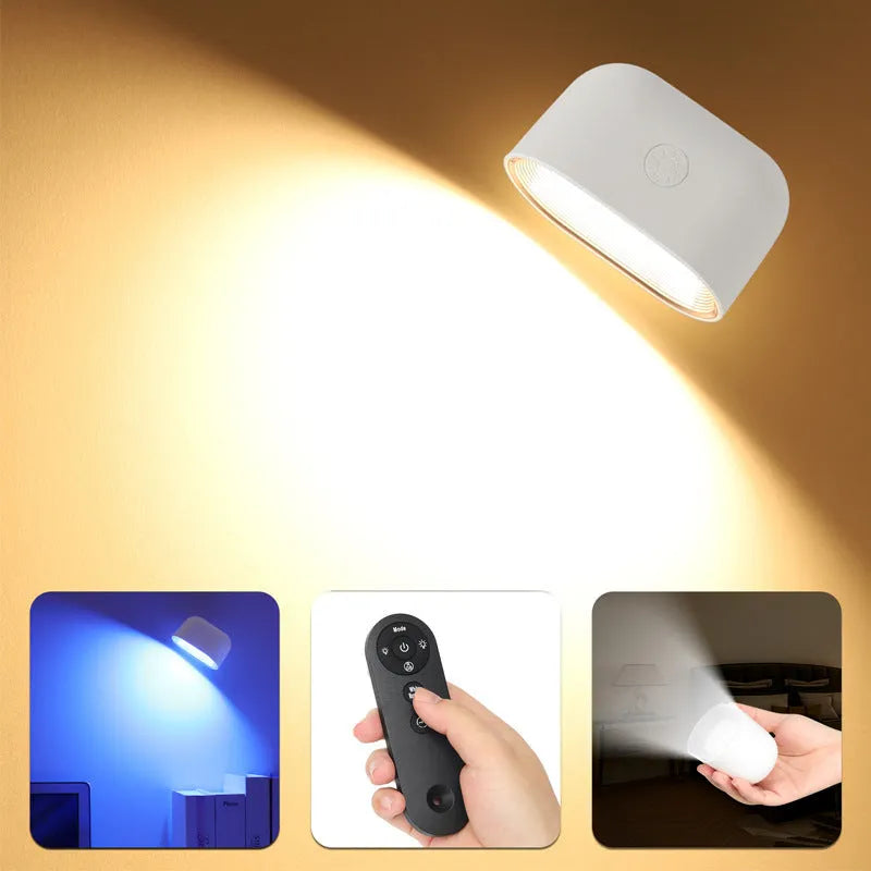 White remote touch magnetic wall lamp with oval light on a wall, showing remote control.
