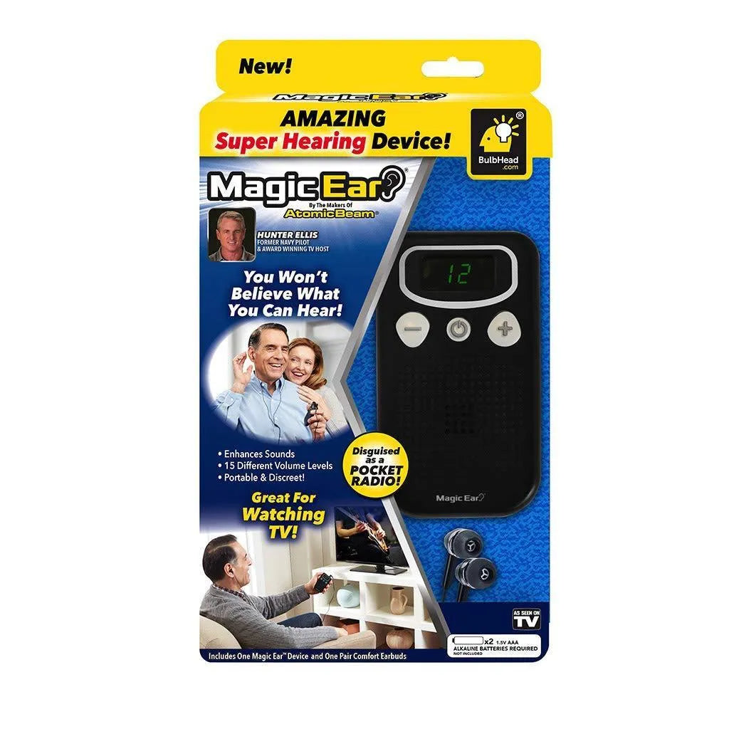 Digital display mobile hearing aid booster sound amplifier in brilliant colour with handheld FM radio design