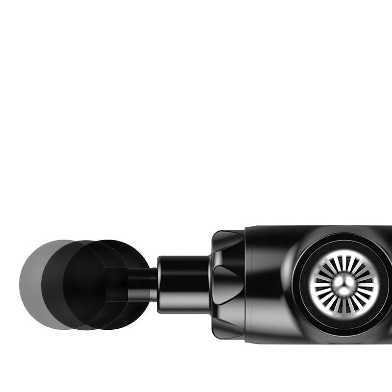 Black handheld muscle massage gun with adjustable speed settings on white background