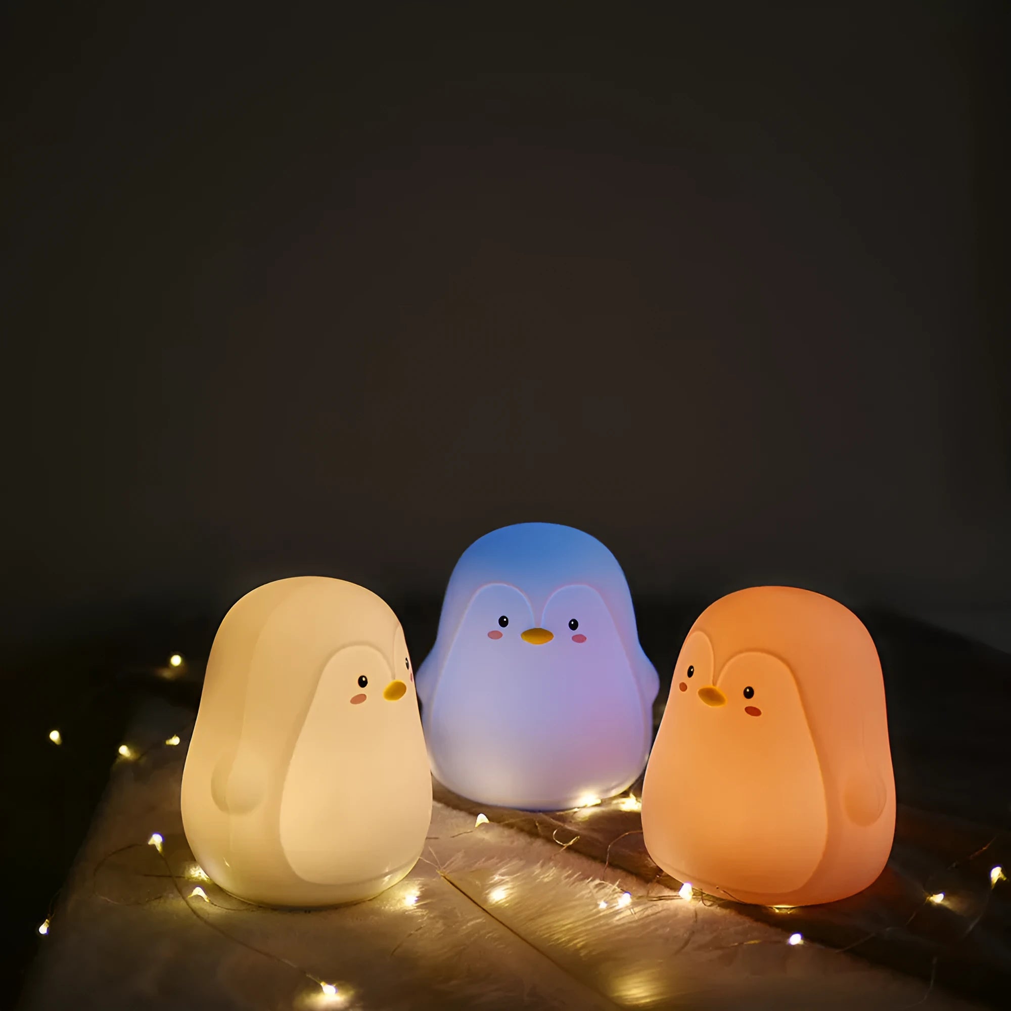Penguin night light in white with silicone body and USB cable, 118x110x132mm