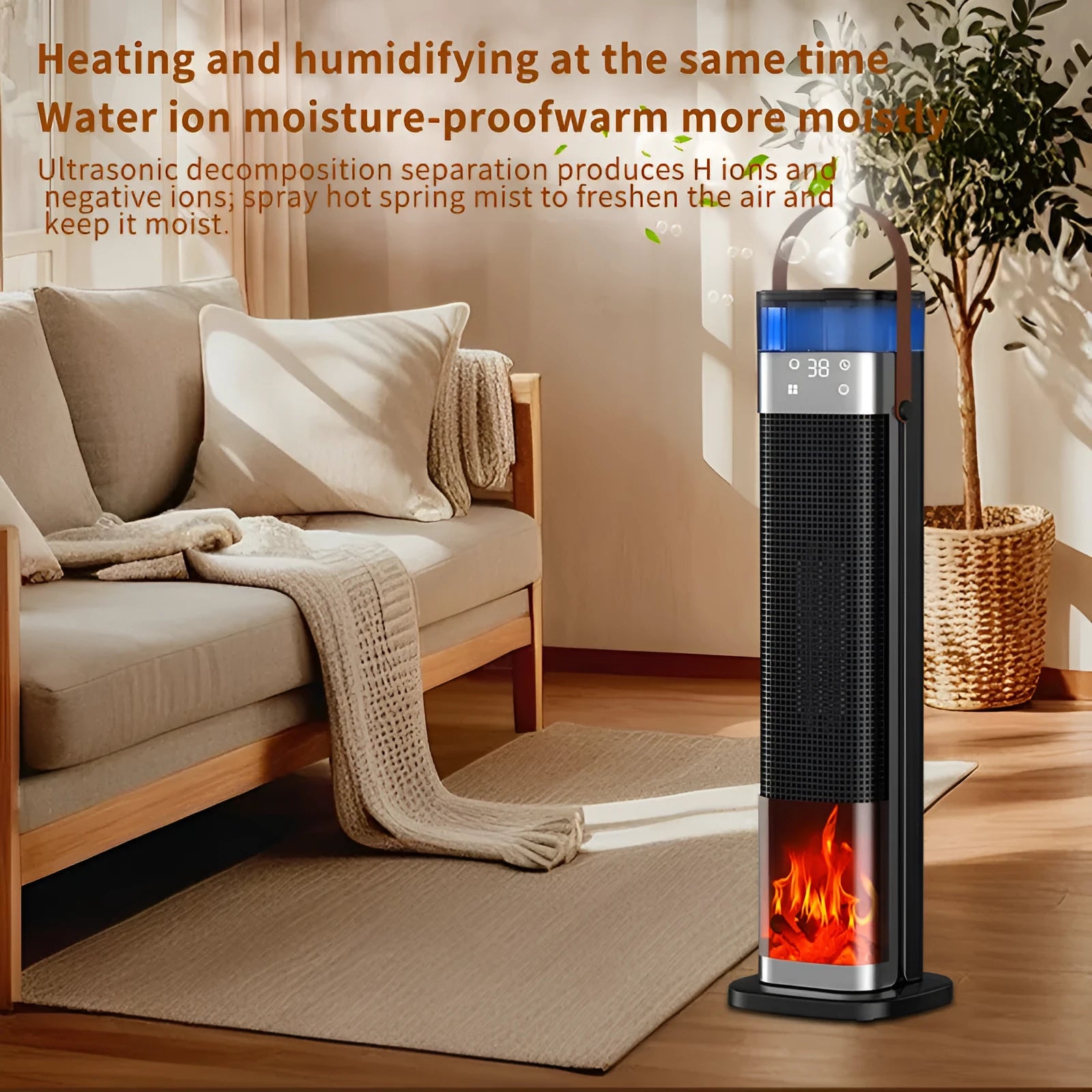 Vertical column heater with humidifier and voice control remote, dimensions 16cm by 16cm by 52.6cm.