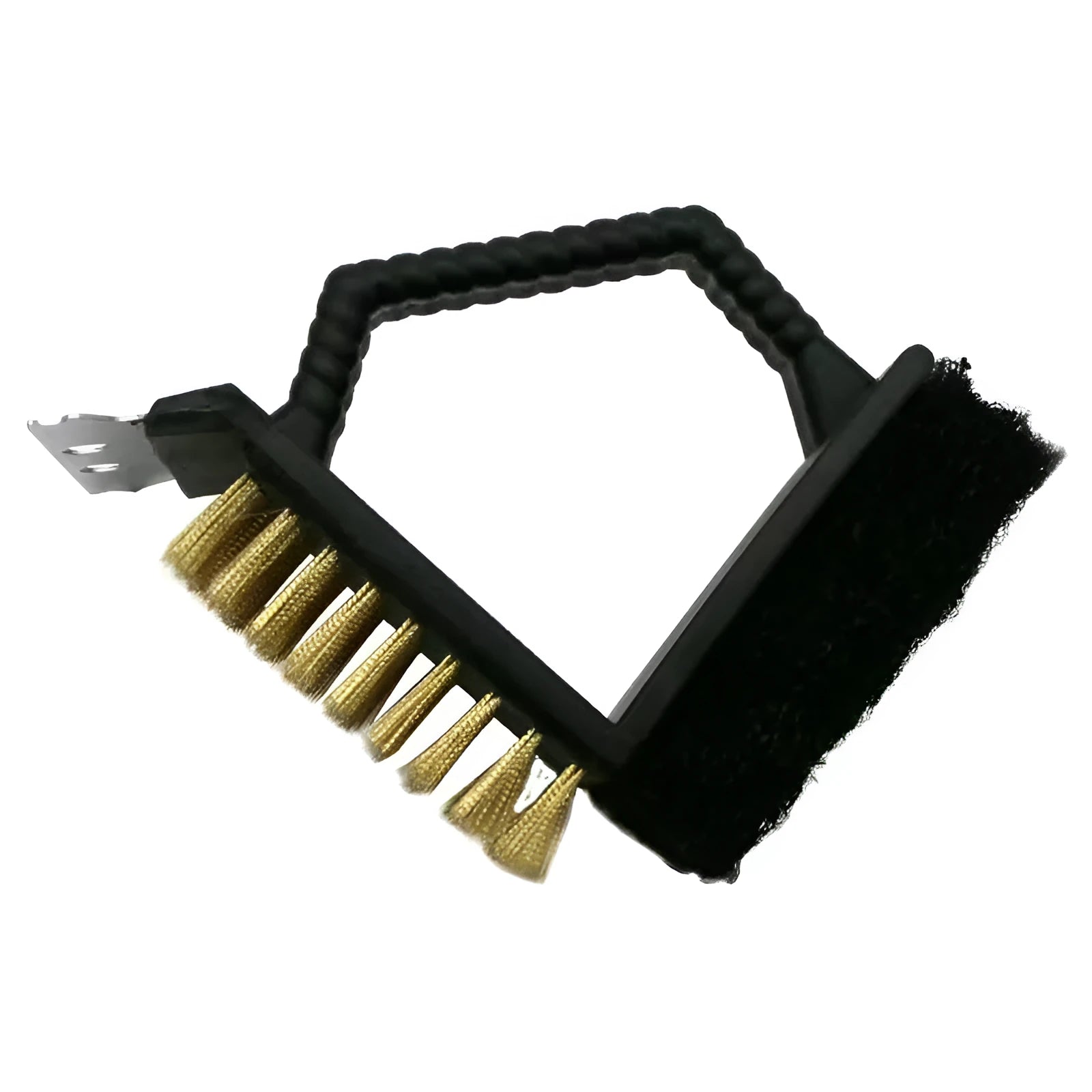 Triangular barbecue cleaning brush with stainless steel bristles and black PP handle