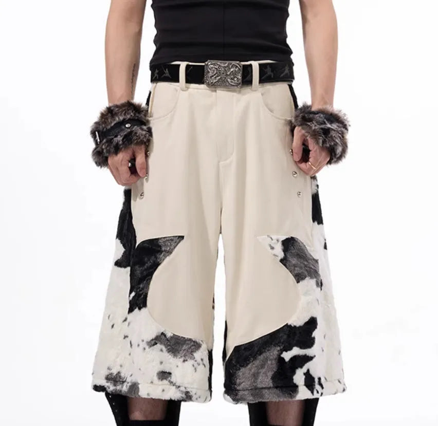 Stitching milk fiber fur cropped pants with personalised patterns in picture colour, front view