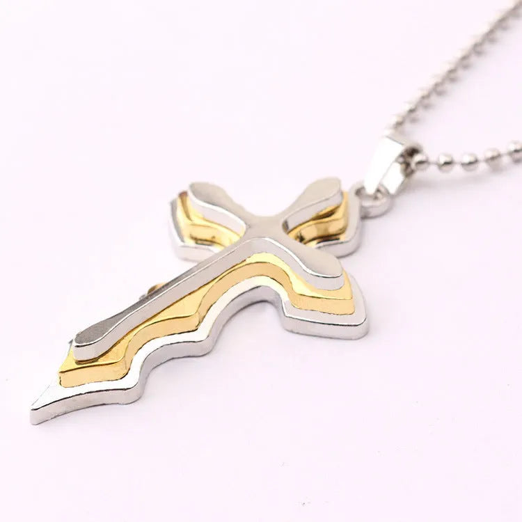 Men's three-tiered blue and black cross pendant necklace on 50cm round bead chain made of stainless steel titanium steel alloy