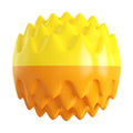 Blue and orange squeaky dog ball with spiky surface for dental cleaning and water fetch