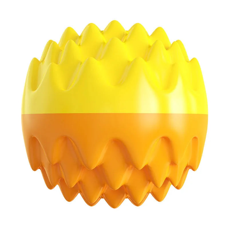 Blue and orange squeaky dog ball with spiky surface for dental cleaning and water fetch