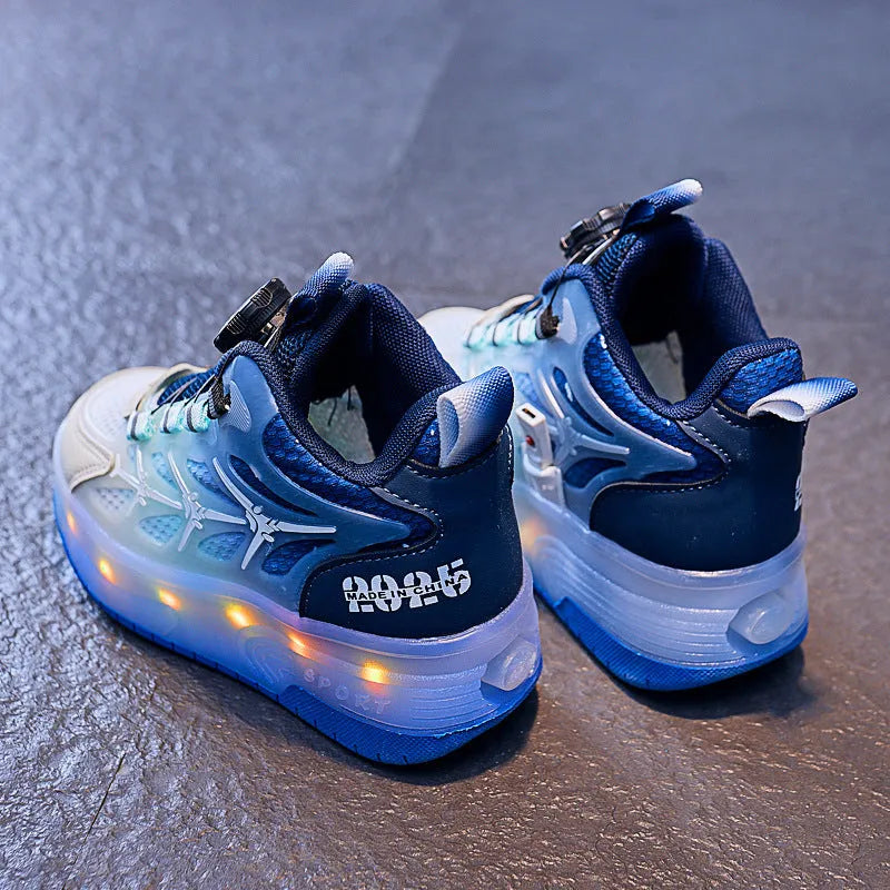Children's blue, black, and pink striped roller skates with twist-button fastening on a PVC sole.