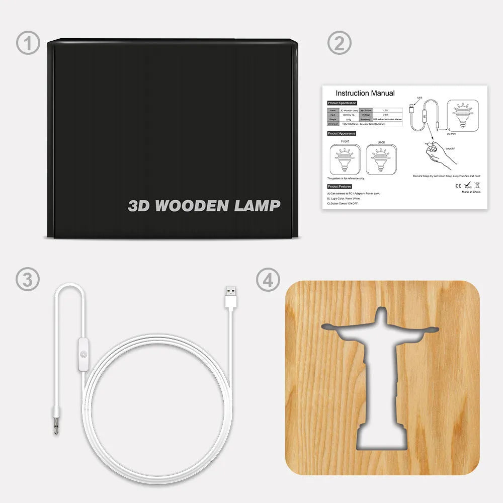 Solid wood hollow night lamp with warm white LED light, compact rectangular design