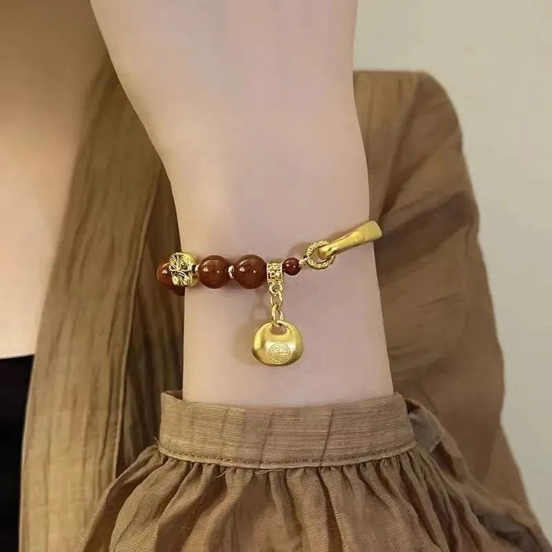 Southern Red Agate Character Ingot Bracelet women's antique style golden South red lucky bag half bracelet handmade glass coloured glaze