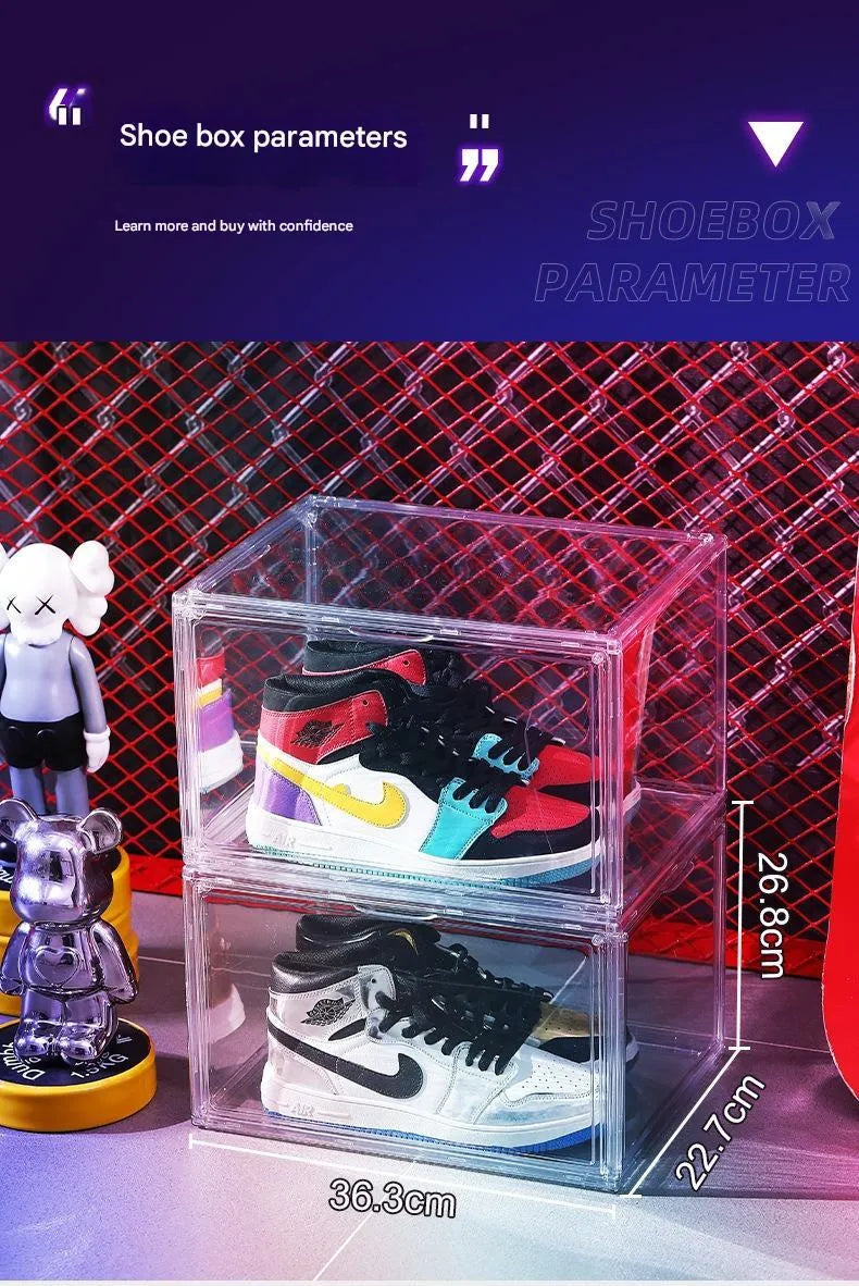 Large transparent acrylic shoe box with magnetic side door and lid, showing shoes inside
