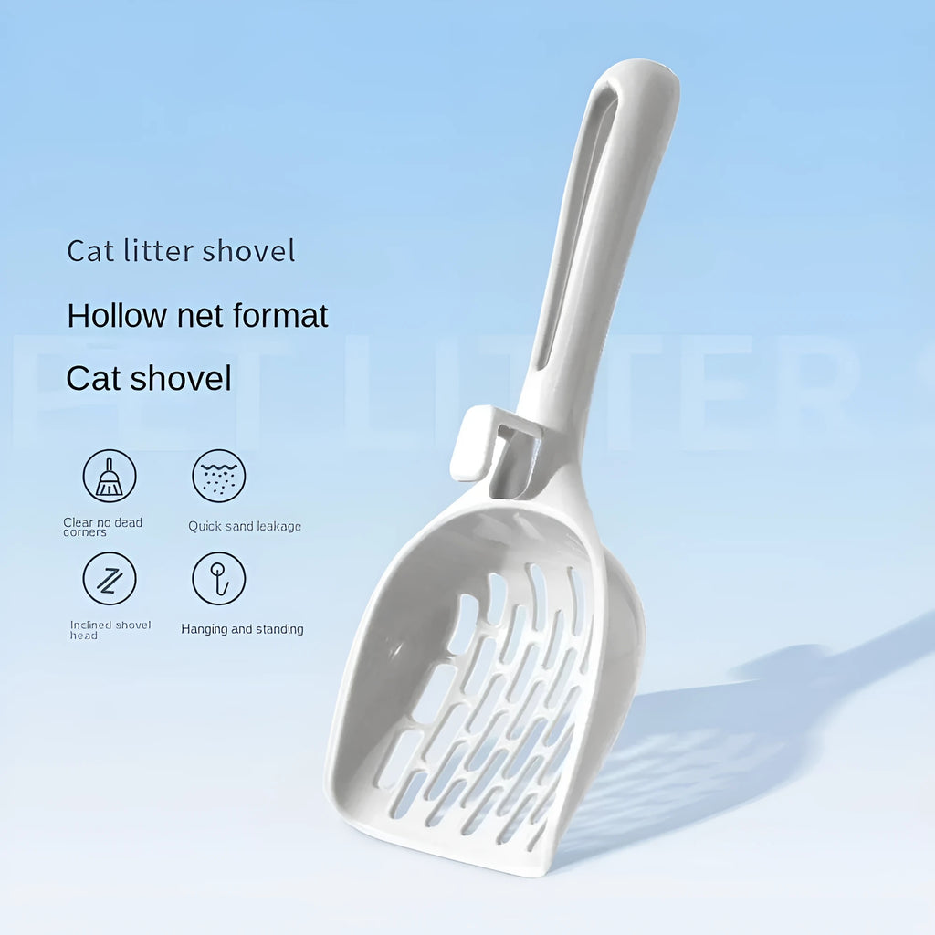 Gray plastic cat litter scoop with matching base for self-cleaning kitten toilet maintenance