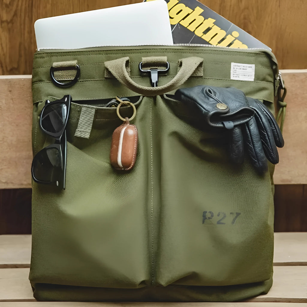 Marden Tooling retro canvas crossbody shoulder bag in military green or charcoal black showing internal phone compartment