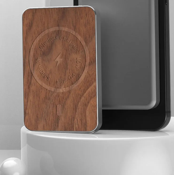 Khaki aluminium magnetic wireless charging power bank showing USB port and dimensions