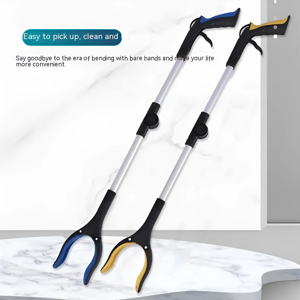 Aluminium foldable garbage clamp with blue handle extended to 80cm and magnet sucker.