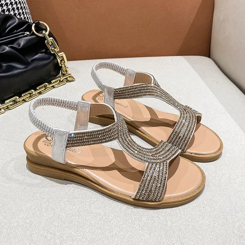 Women's patent leather beach sandals with rhinestone decoration in gold, silver or black colours