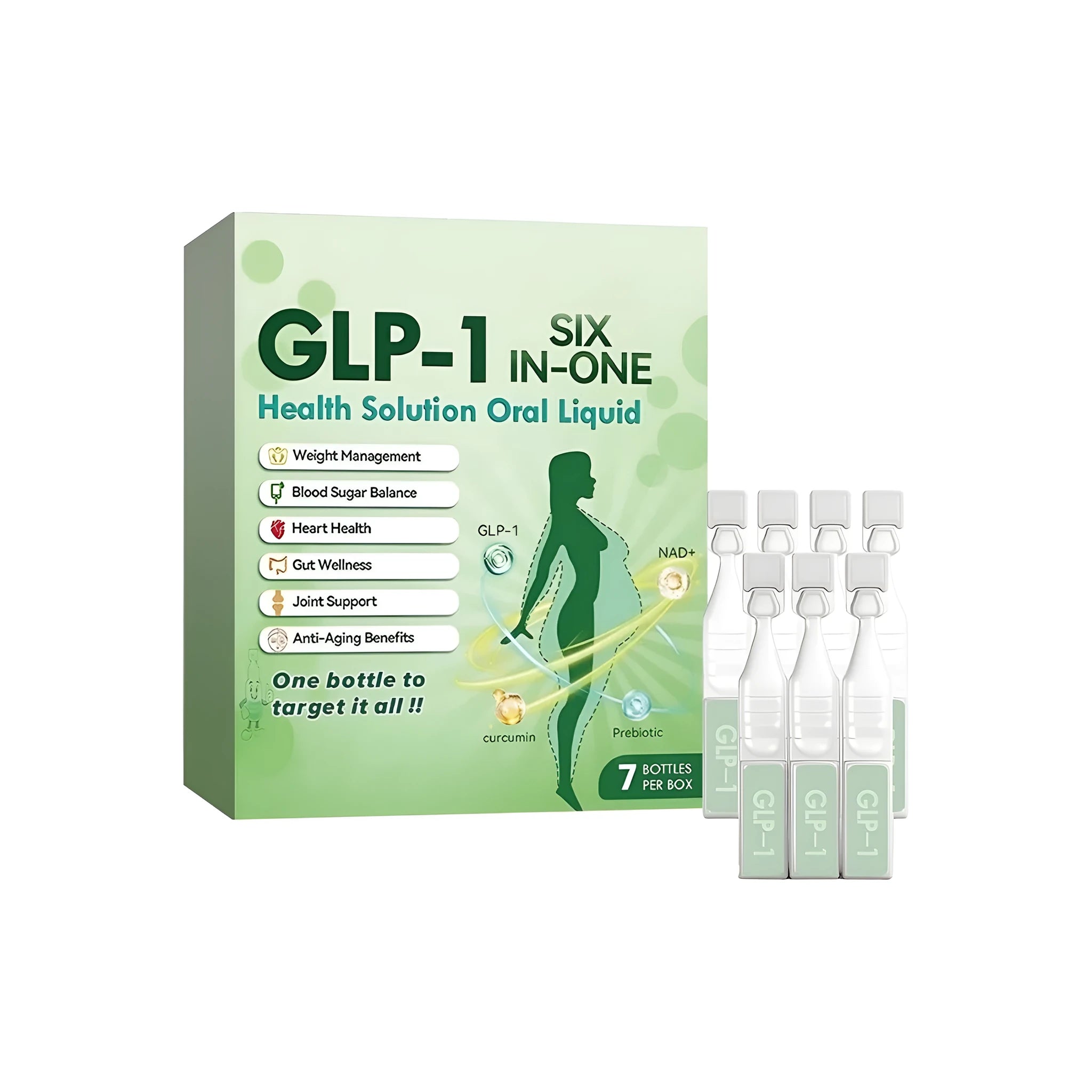 Health Solution Oral Liquid Nursing Drops box with 7 bottles containing green tea extract moringa seed and turmeric