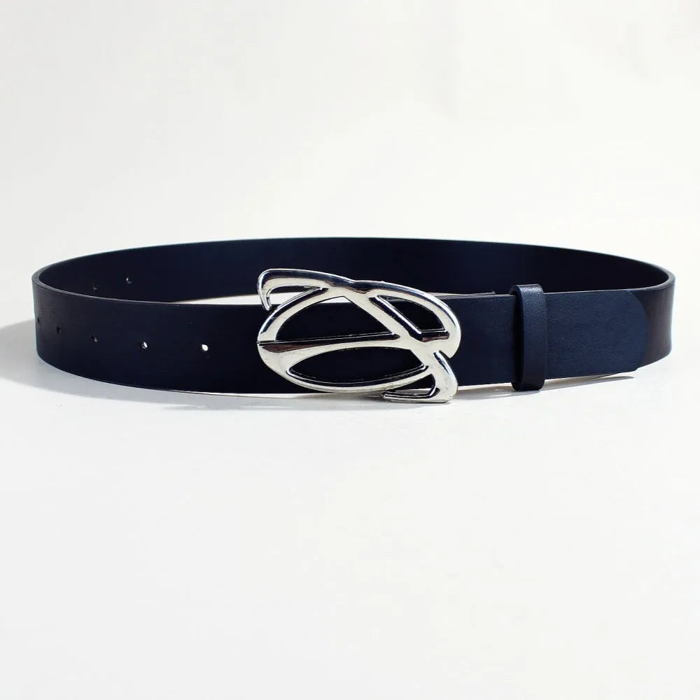 Casual snap button belt in PU leather with alloy buckle, showing 105cm length and 3.3cm width
