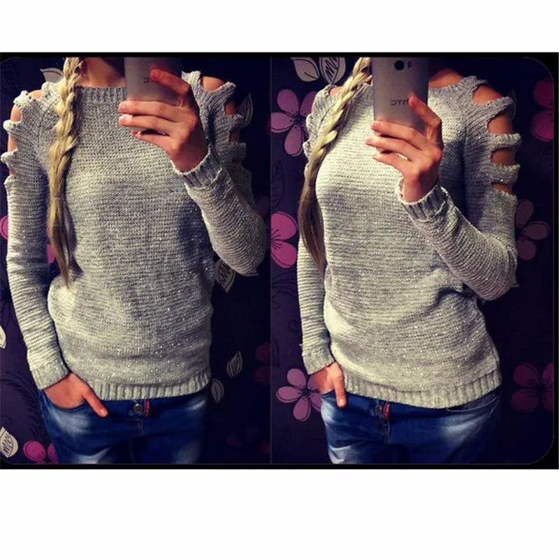 Women's grey crochet knit shirt with hollow-out detail on sleeves and body, round neck, long sleeves
