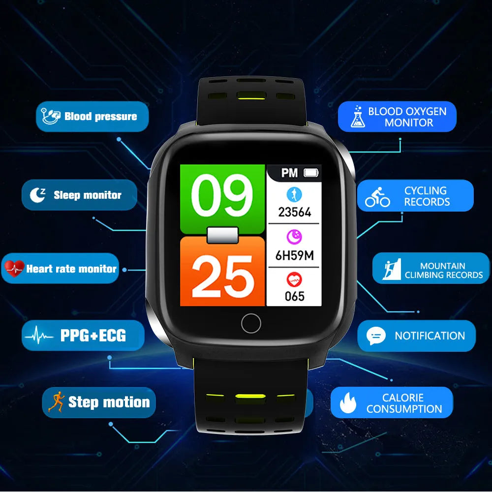 F16 smart watch with ECG monitor on a silicone wristband in black and green colour scheme.