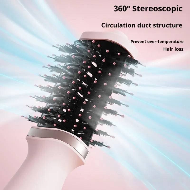 Pink multifunctional hair dryer with integrated comb and curling attachments for complete hair styling
