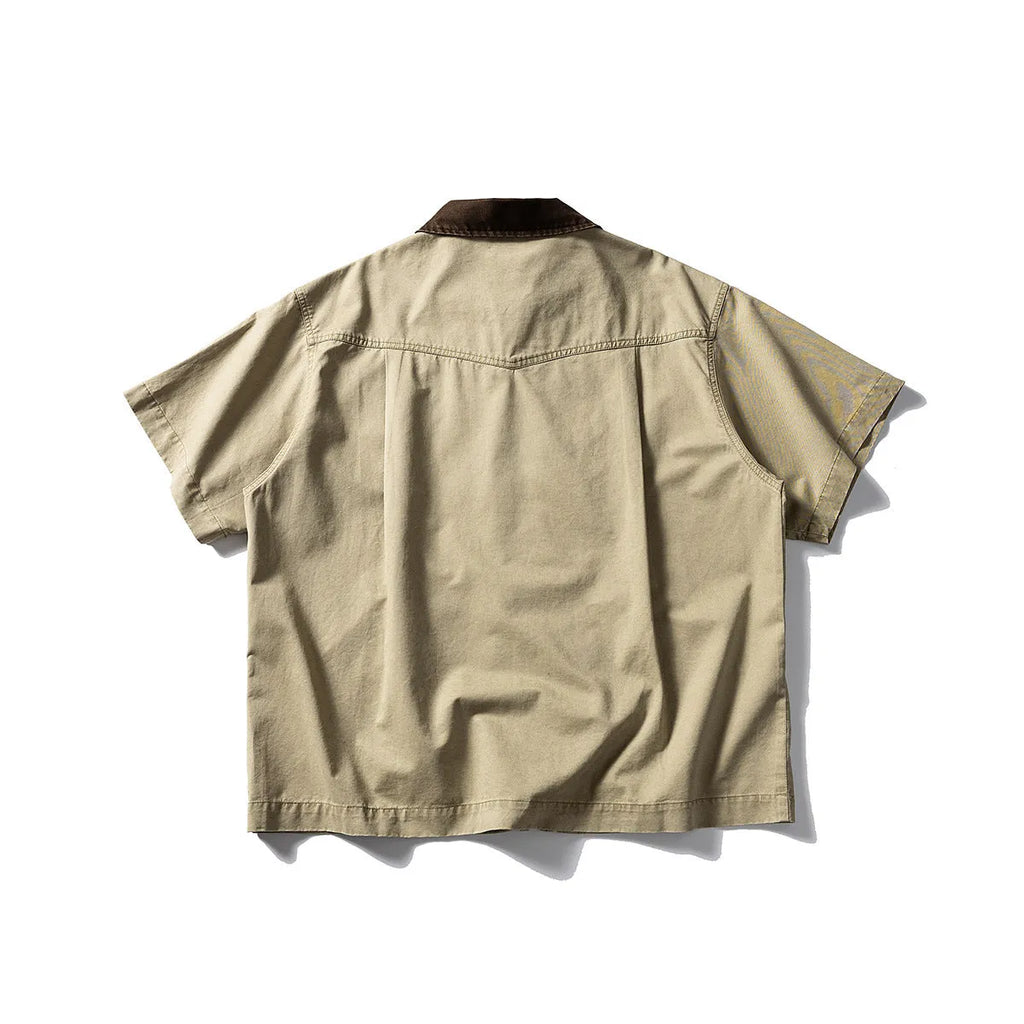 Washed cotton short-sleeve overalls shirt in loose cardigan style for teenage leisure wear