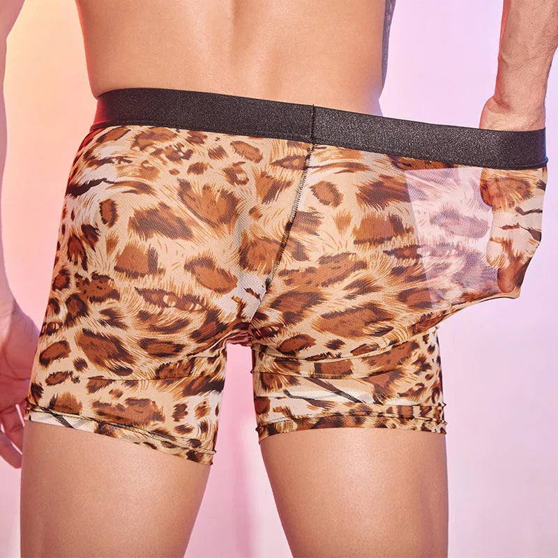 Men's leopard print boxer shorts showing the full pattern on free size nylon underwear