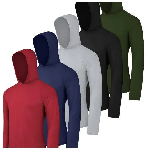 Set of four men's lightweight polyester hoodies in various colours, some with hats.