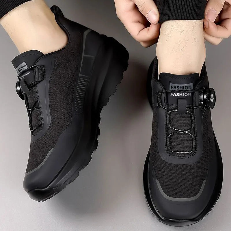 Thick bottom rotating button casual sneaker for men in black with cloth upper and platform sole