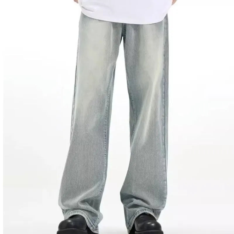 Blue retro-style loose casual trousers made from rabbit fur fabric on a mannequin.