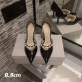 Women's pointed patent leather stiletto high heels with pearl accent, microfiber upper, sheepskin lining, available in nude black white sizes 34-40