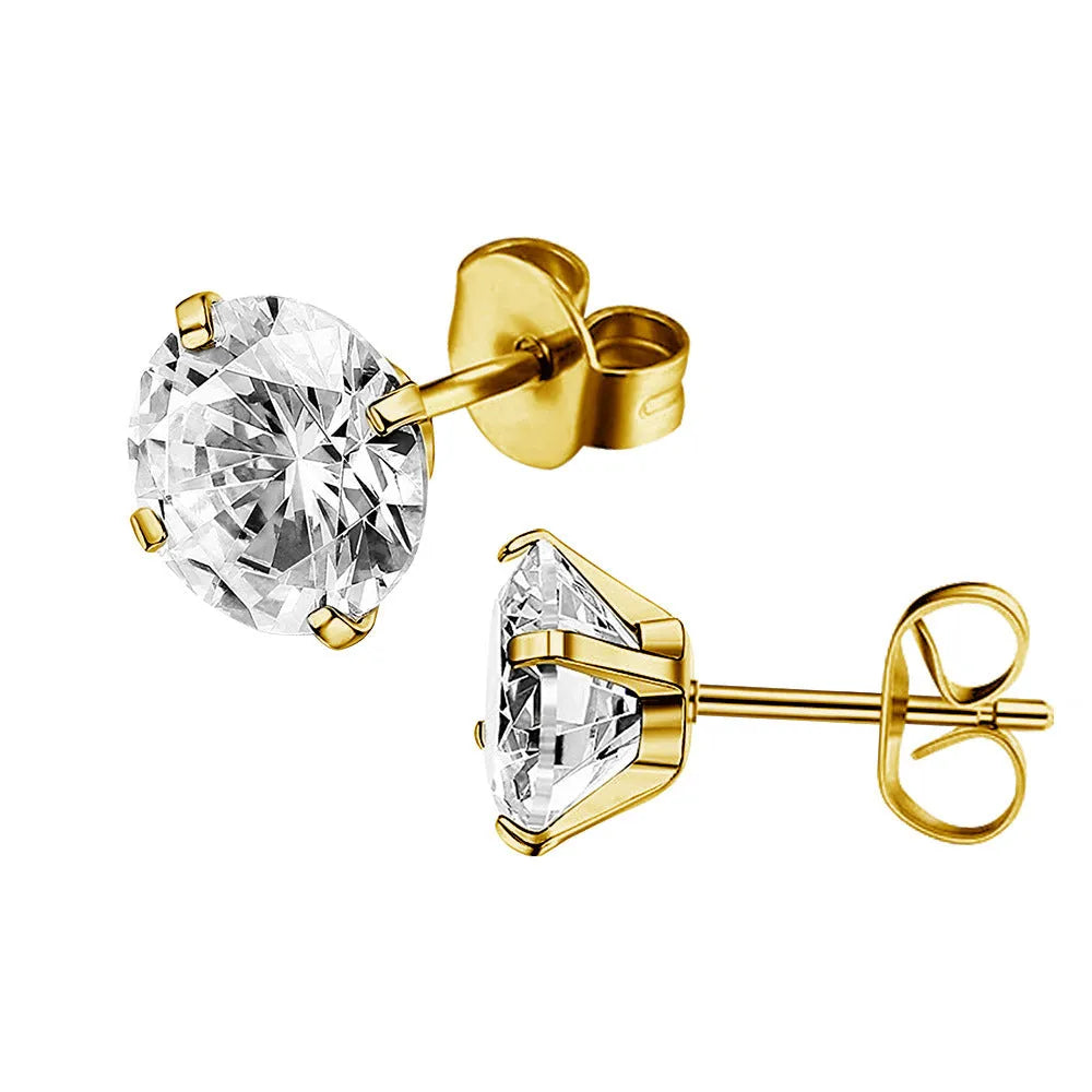Geometric square zircon stud earrings in gold or steel finish with 2mm to 8mm size options