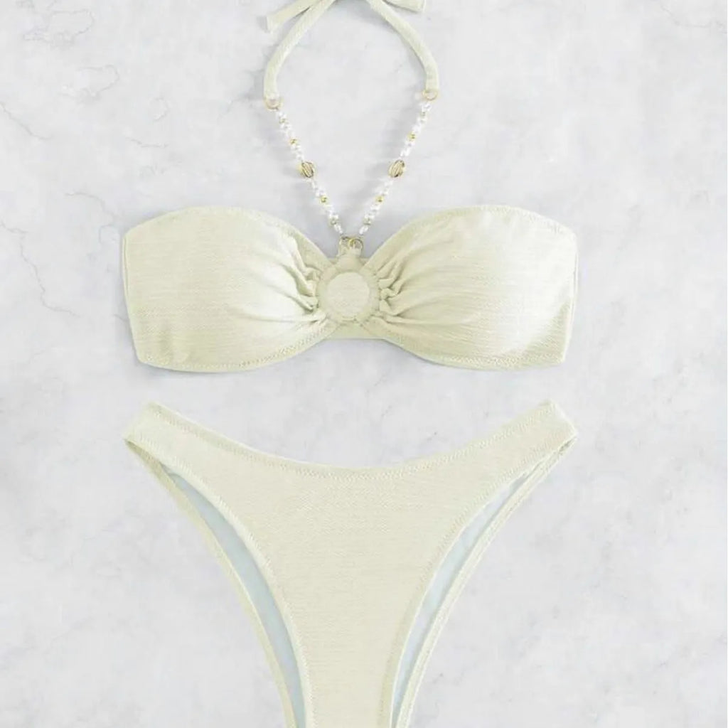 Solid colour halter women's bikini set in green, polyester fabric, available in sizes S, M, L Asian sizing