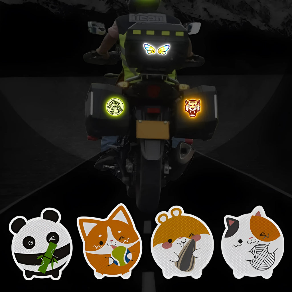 Pair of diamond-grade reflective warning stickers for cars and motorcycles, showing sample cartoon animal designs.