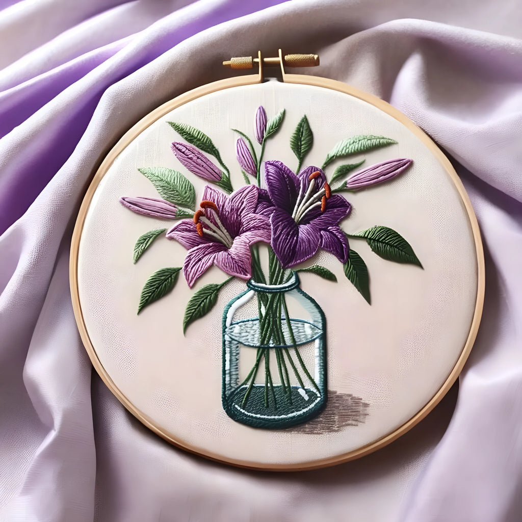 Purple lily flower embroidery on 28x28cm cotton linen fabric with imitation bamboo stand