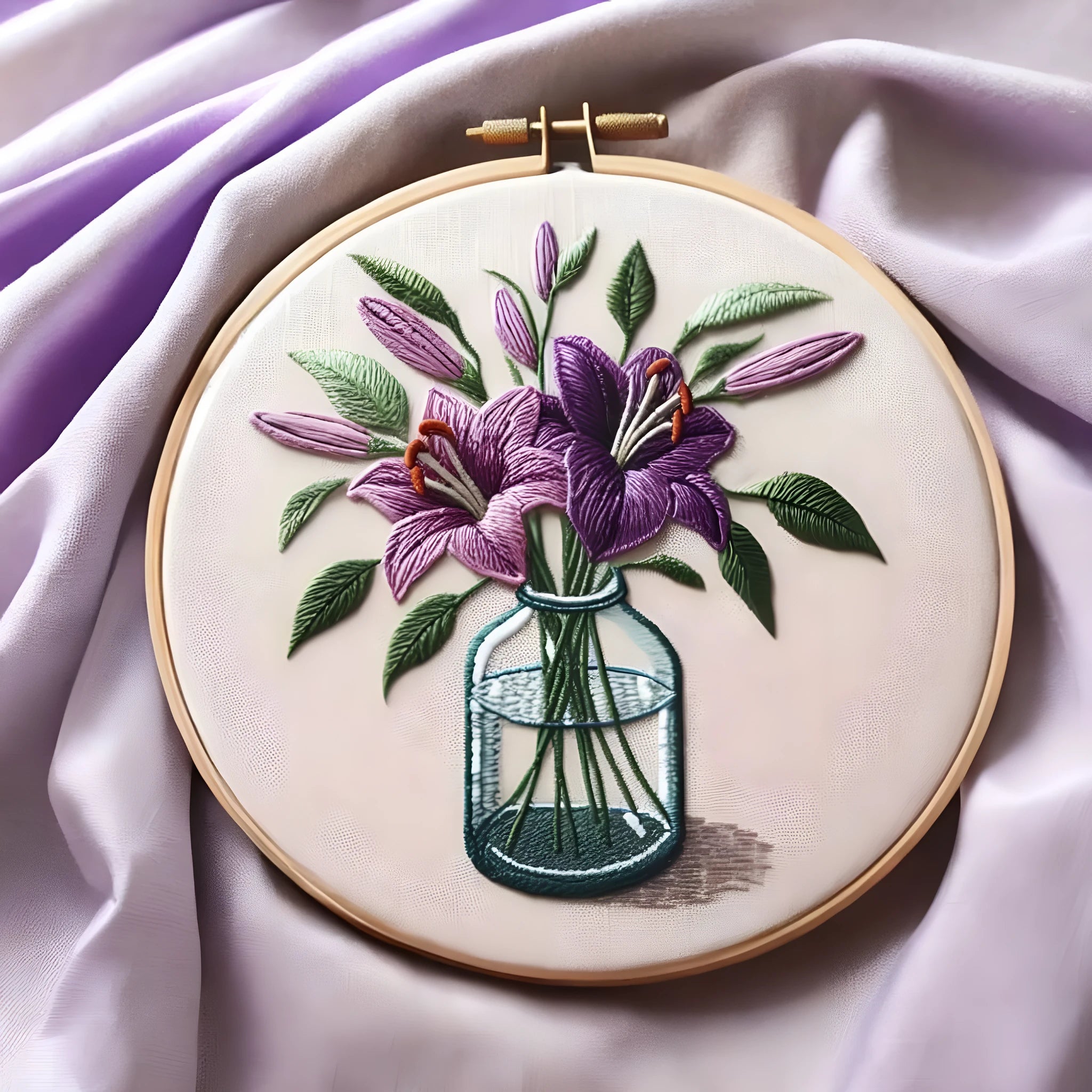Purple lily flower embroidery on 28x28cm cotton linen fabric with imitation bamboo stand