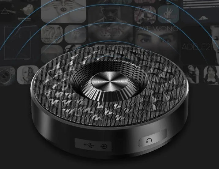 Compact wireless Bluetooth mini speaker in black, orange, or silvery white with a microphone.
