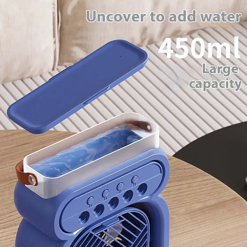 3-in-1 portable evaporative air cooler with LED night lights on a desk in home office