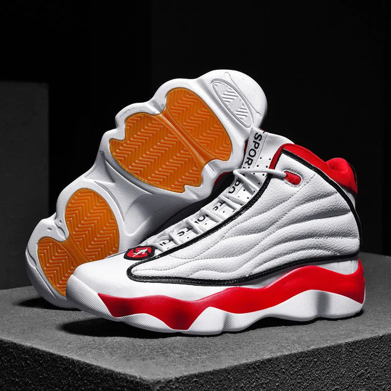 Men's high-top basketball shoes with thick rubber sole and mesh upper in AJ13 colour options