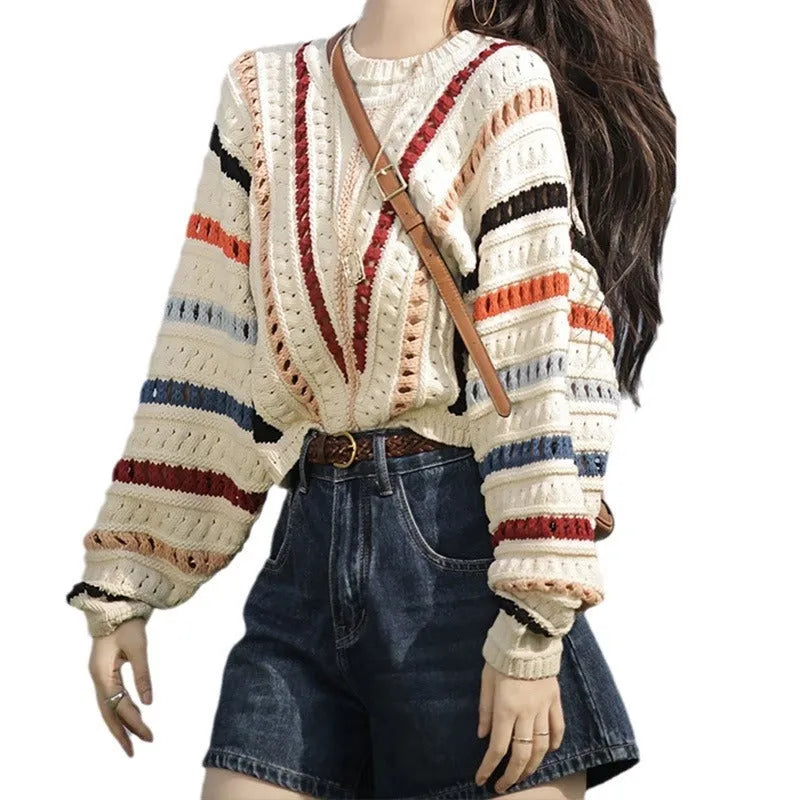 Rainbow striped batwing sleeve sweater with loose fit and round neck design