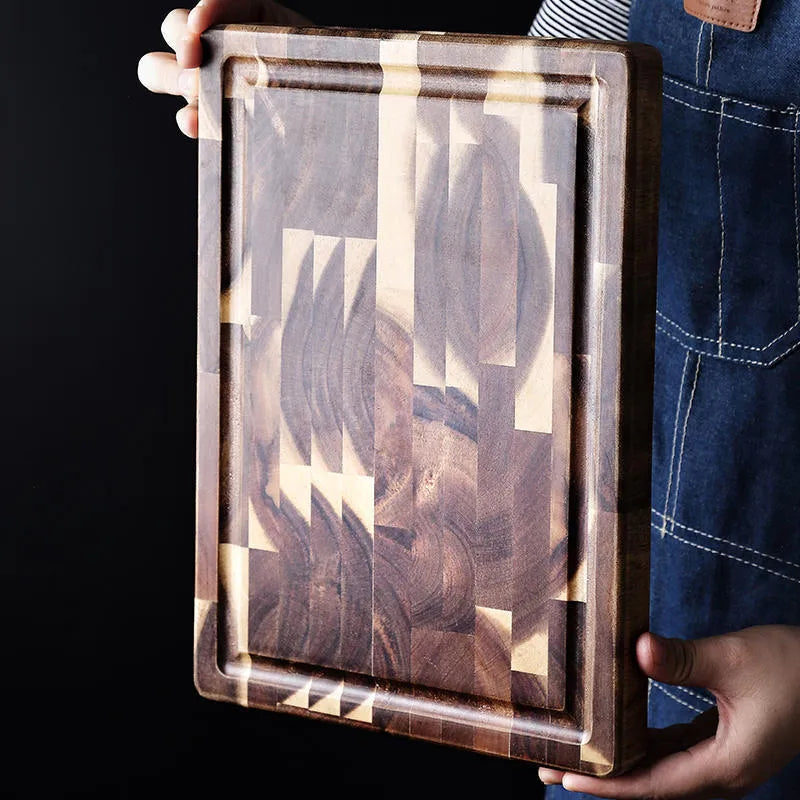 Brown parquet solid wood cutting board made from imported acacia, 3cm thick, on kitchen counter