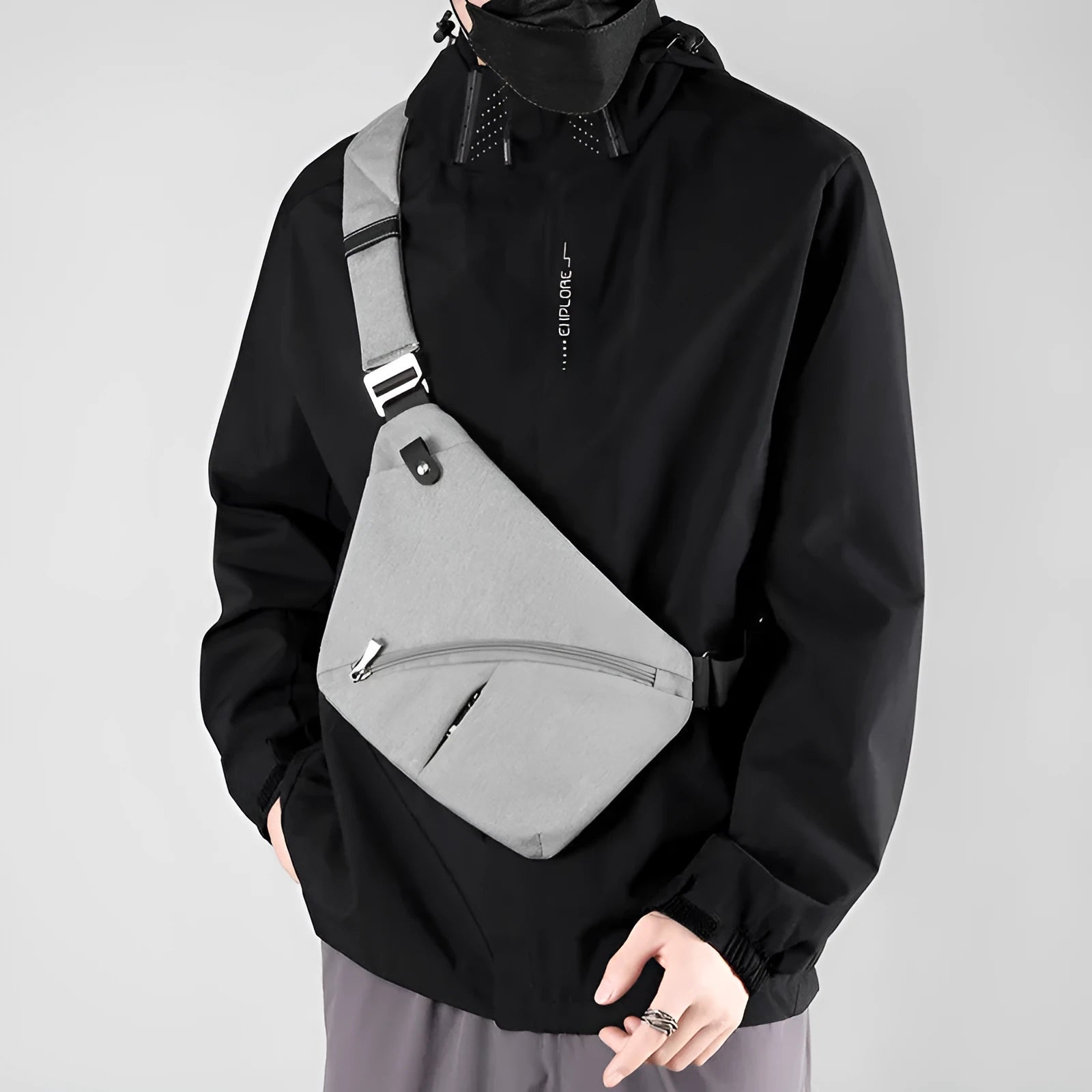Men's black Oxford cloth chest bag with one-shoulder design and letter detailing