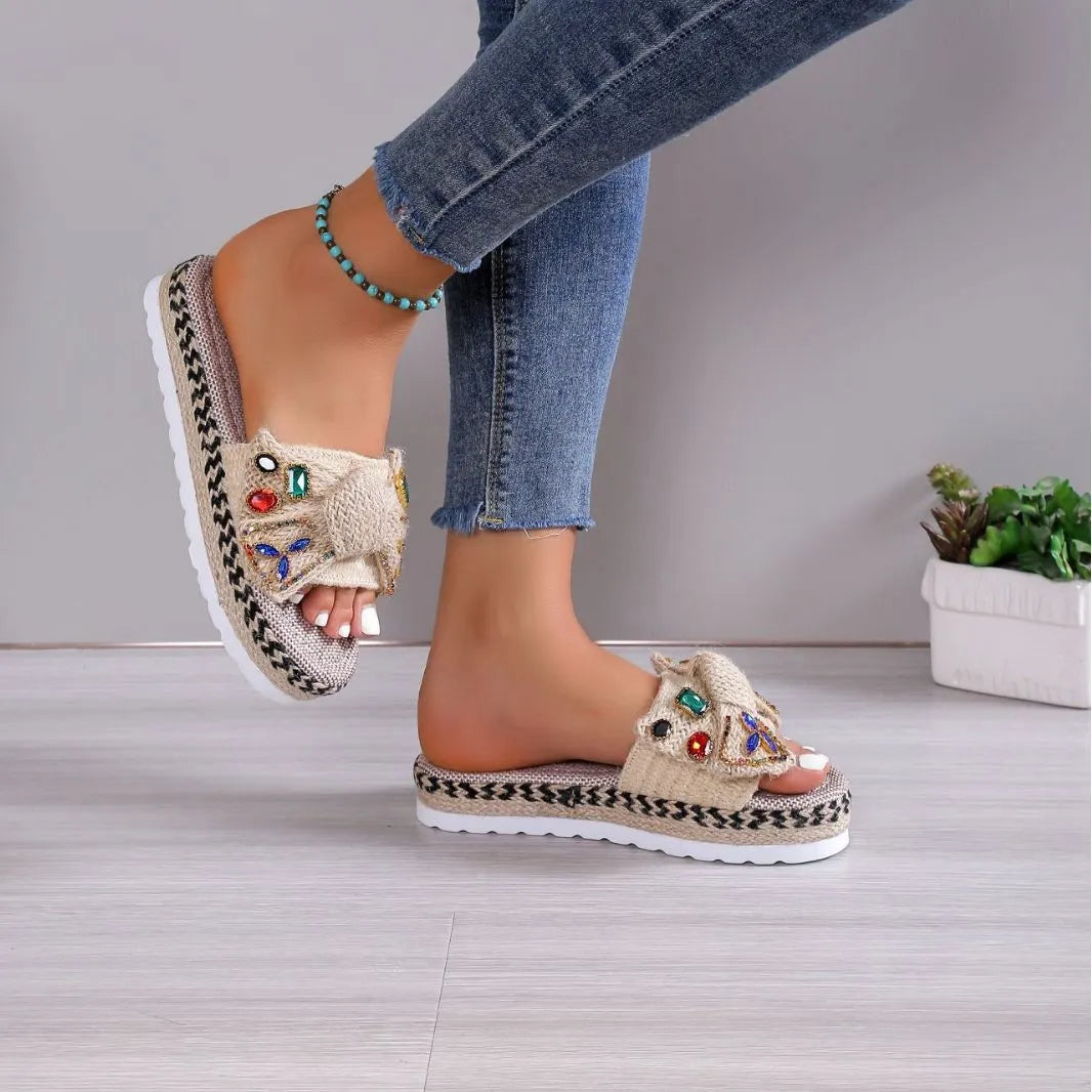 Beige women's platform sandals with bow detail and round cloth upper toe