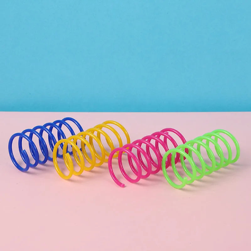 Plastic cat spring toy coil spiral in assorted colours, 5.5cm length, 4 or 8 pack, heavy gauge