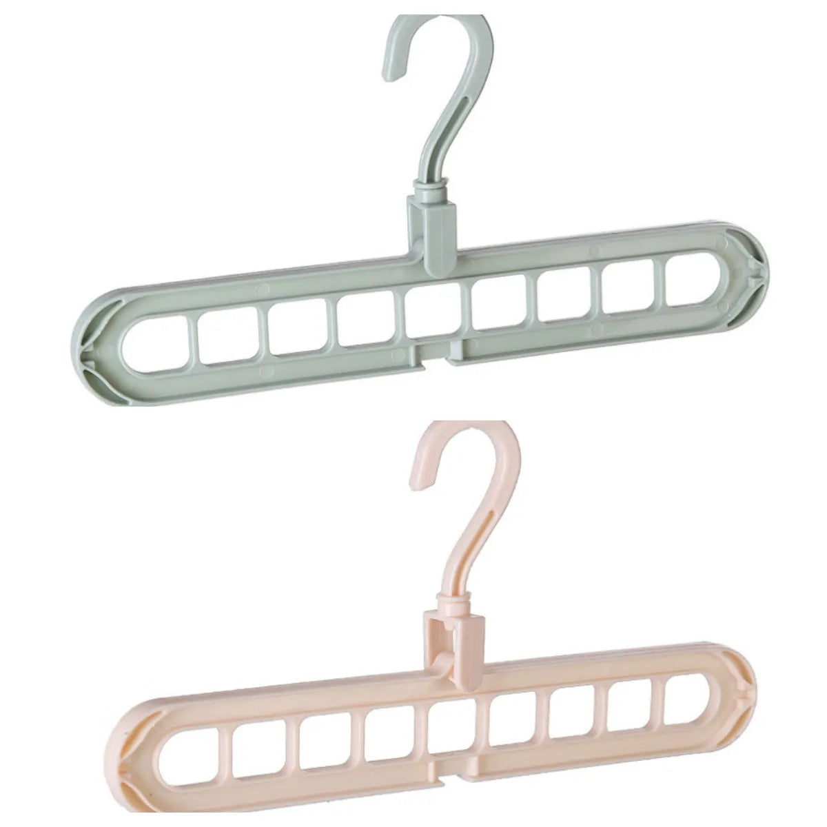 Plastic clothes hanger with 360° rotating hook, 33 cm long, in green colour on white background