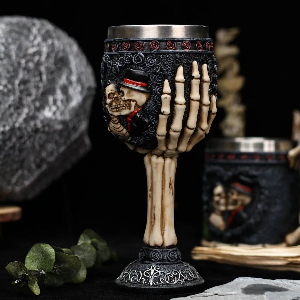 Stainless steel couple skeleton goblet wine glass with retro skull design in 200ml size